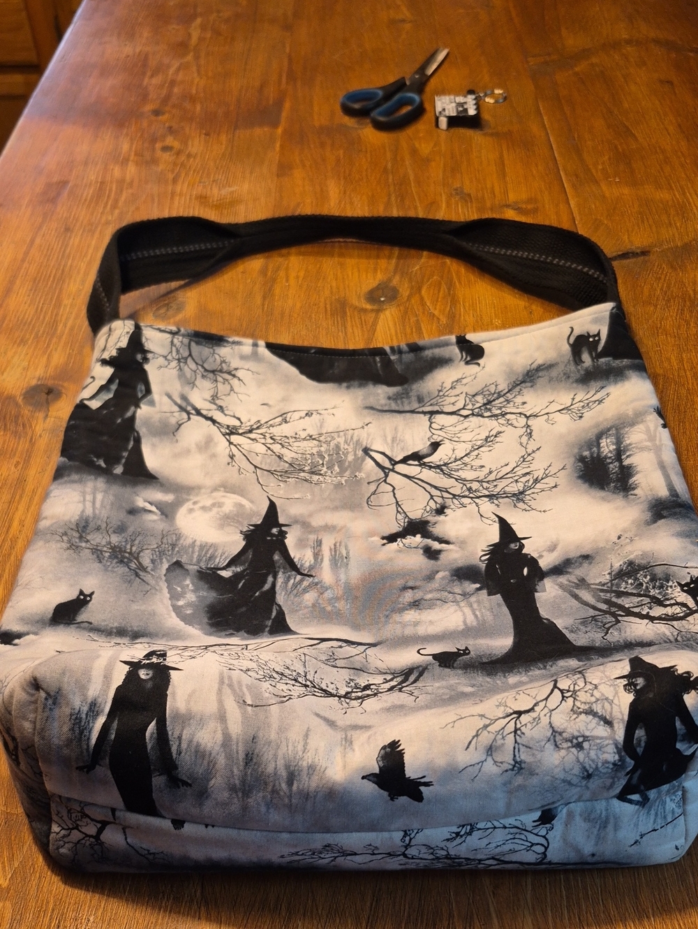 Halloween Witch Print Shoulder Bag in Black & White